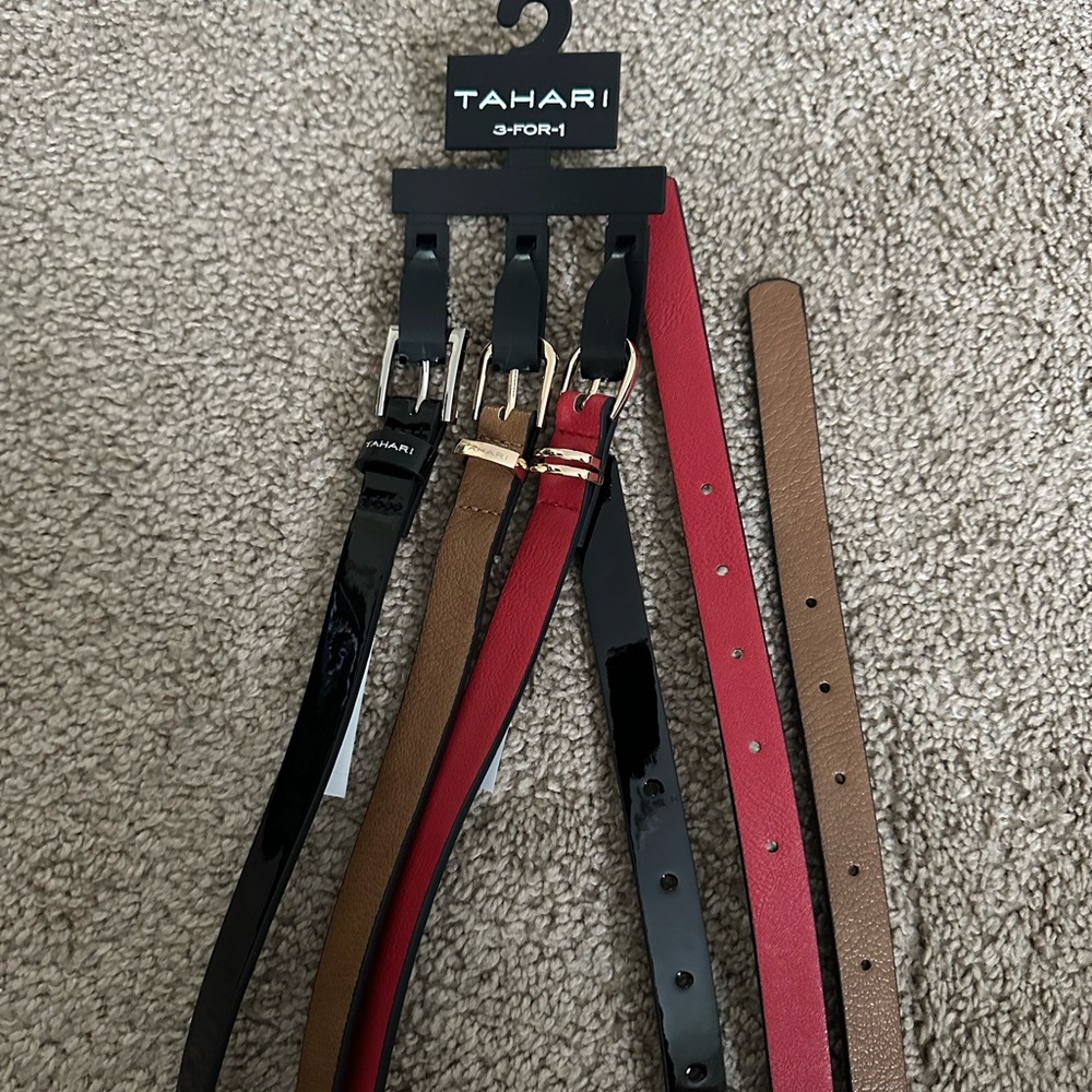 Tahari Black and Red Leather Belts with Metal Buckles